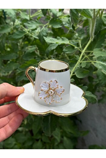 Hediye Köşkü 6 Kişilik Papatya Motifli Yaldızlı Lüks Porselen Kahve Fincanı
