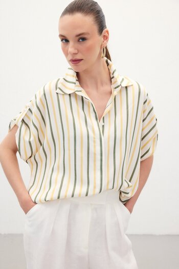 Sateen Linen Blend Striped Shirt - Khaki