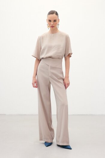 Sateen Belt Detailed Modal Trousers - Stone