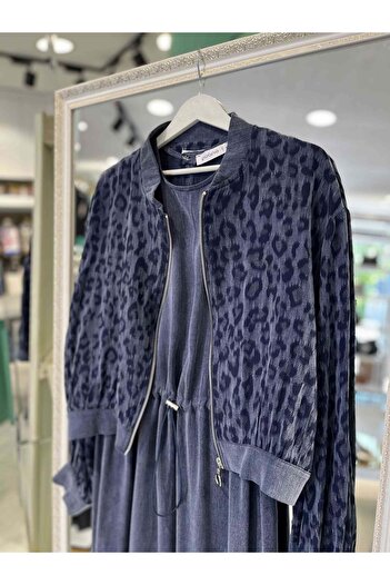 MERAM BUTİK Puane Leopard Patterned Silk Cupra Dress 12612 - Navy Blue - L