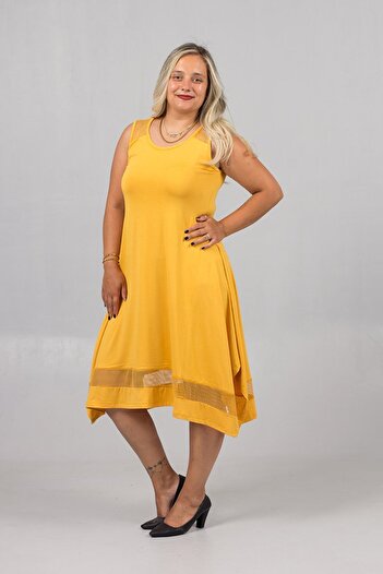 Truva XXL Shoulder Mesh Detailed Waist Flared Dress – Mesh Hem, Plus Size Stylish Dress