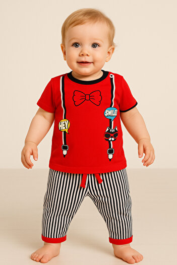 MiniStand Red Bow Tie Printed Baby Boy Set of 2 - Summer Cotton