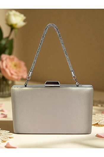 Wedding Fashion Skin Nude Satin Color Silver Detailed Stone Handle Evening Dress Bag Evening Bag Engagement Wedding Bag