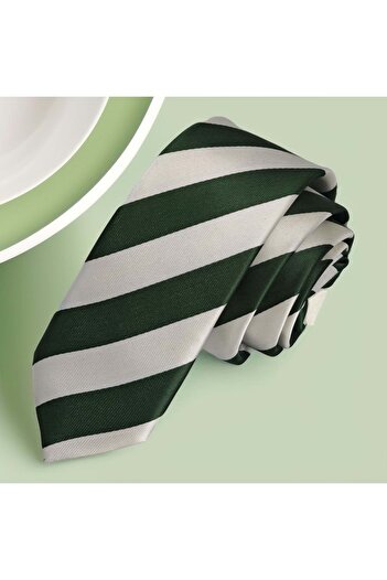 Exve Exclusive Green White Striped Jacquard Woven Thin Fashion Slim Tie
