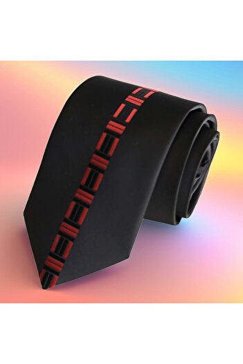 Exve Exclusive Black Red Center Patterned Special Cut Italian Tie