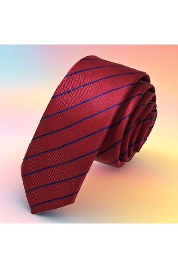 Exve Exclusive Burgundy Blue Striped Jacquard Woven Thin Fashion Slim Tie