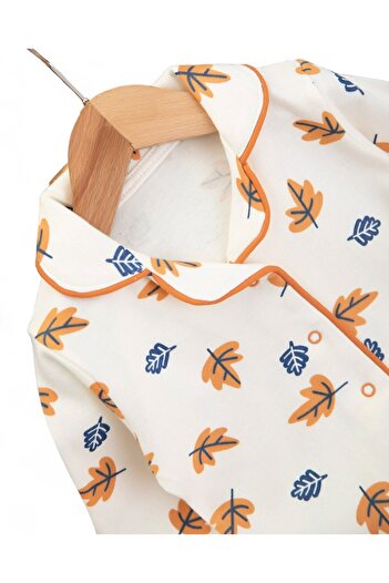 Ege Bebek Leaf Printed Double Breasted Collar 3-6-9-12 Months 100% Cotton Pajama Set L Nightgown Set