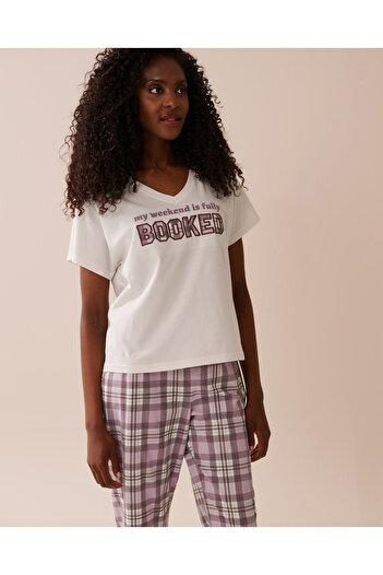 La Vie en Rose Weekend Print Cotton V-neck T-shirt