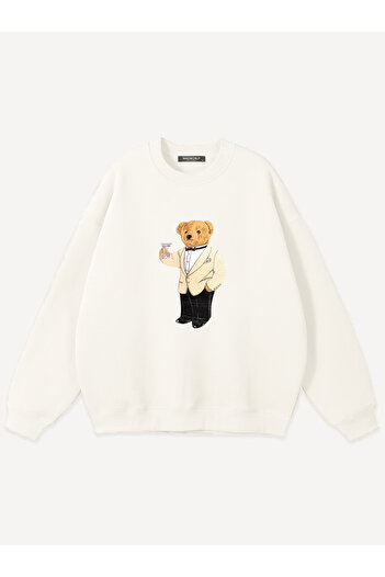 Mad&Calf Unisex Business Teddy Printed Crew Neck Oversize Sweatshirt