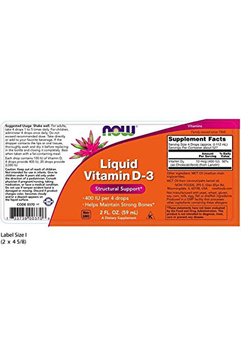Now Foods Liquid Vitamin D-3 400 Iu/ 4 Drops 2 Oz.