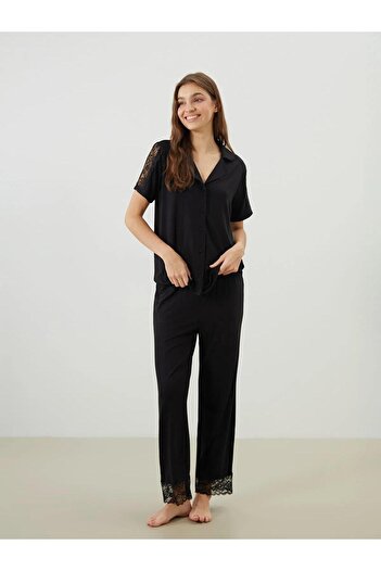 LC Waikiki Lcw Dream Women's Pajama Set with Shirt Collar Lace Detail (W5)