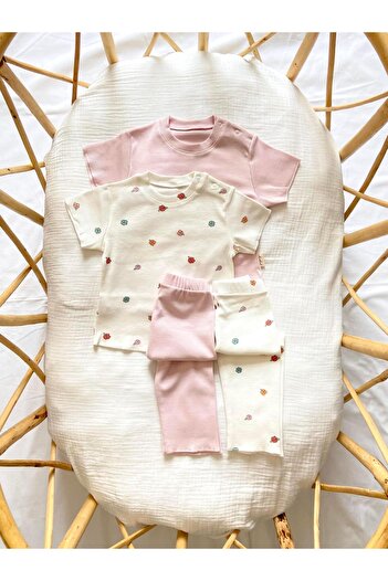 Zezig Flower Pattern and Pink Color 2 Pieces Camisole Bottom-Top Set 100% Cotton