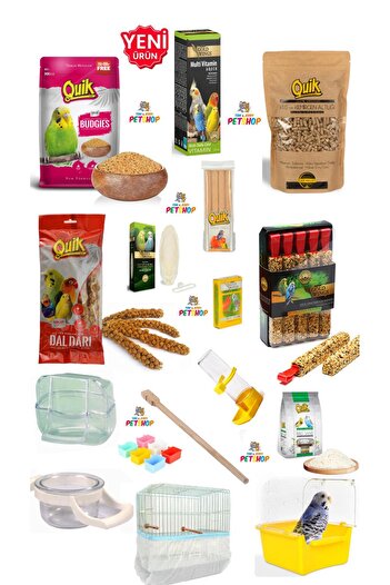 Quik TOM&JERRYPETSHOP-Muhabbet Kuşu Yem ve Kafes İhtiyaç Seti Premium Ürünler 24 Parça Takım