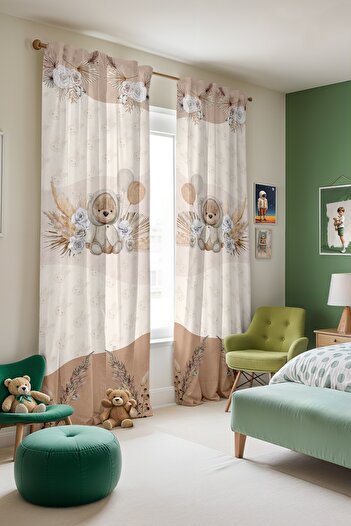 EVPANYA Cream Teddy Bear Patterned Children's Baby Room Background Curtain (Single Wing Pricing)