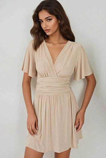 Hiccup V-Neck Short Sleeve Shirred Mini Dress