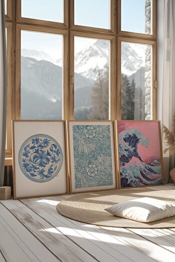 Postifull Wooden Painting Set, 3 Pieces Wooden Framed Poster Hokusai Waves Model No:300866, Pink Wall Decor