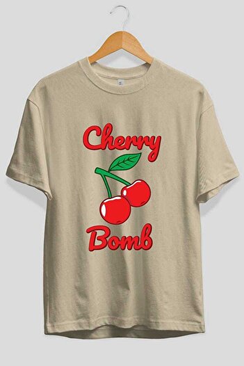 Ankhises Cherry Bomb Cherries 1 Μπροστινό εμπριμέ μπλουζάκι Oversize Ανδρικό Γυναικείο Βαμβακερό μπλουζάκι με λαιμόκοψη