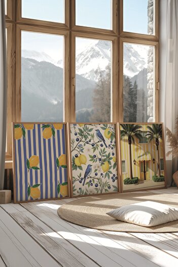 Postifull Wooden Painting Set, 3 Pieces Wooden Framed Poster Yellow Building Model No:300858, Yellow Wall Decor