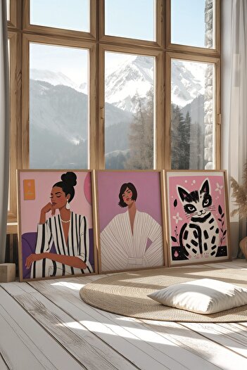 Postifull Wooden Painting Set, 3 Pieces Wooden Framed Poster Woman in Pink Model No:300868, Pink Wall Decor