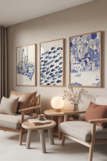 Postifull Wooden Painting Set, 3 Pieces Wooden Framed Poster Minimal Blue Model No:300853, Blue Wall Decor