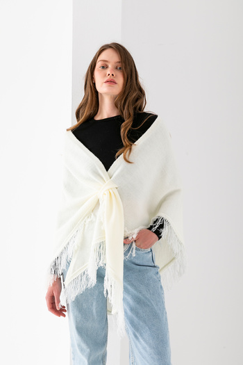 Wega Moda Τριγωνικό σάλι με ασημί φούντες, γυναικείο σάλι ώμου, απαλό και κομψό, γυναικείο τριγωνικό σάλι ώμου.