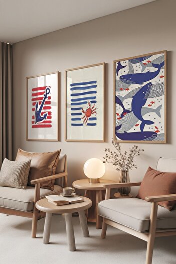Postifull Wooden Painting Set, 3 Pieces Wooden Framed Poster Blue Whale Model No:300851, Blue Wall Decor