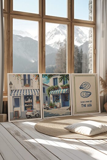 Postifull White Painting Set, 3 Pieces White Framed Poster Slow Living by the Sea Model No:300860, Wall Decor