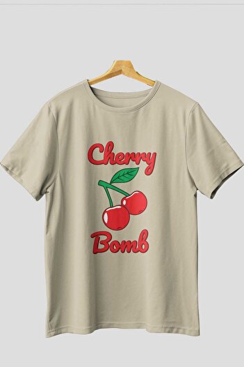 Ankhises Cherry Bomb Cherries 1 Μπροστινό εμπριμέ μπλουζάκι Oversize Ανδρικό Γυναικείο Βαμβακερό μπλουζάκι με λαιμόκοψη