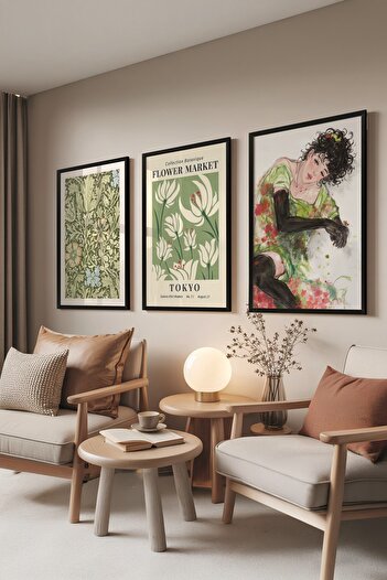 Postifull Black Painting Set, 3 Pieces Black Framed Poster Flower Lady Model No:300863, Green Wall Decor