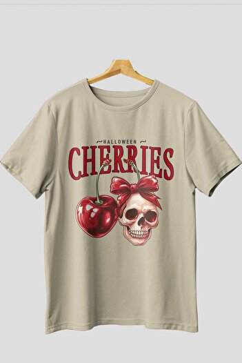 Ankhises Cherry Cherries 1 Μπροστινό εμπριμέ μπλουζάκι Oversize Ανδρικό Γυναικείο Βαμβακερό μπλουζάκι με λαιμόκοψη