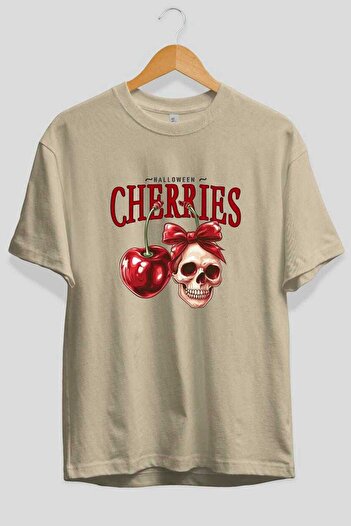 Ankhises Cherry Cherries 1 Μπροστινό εμπριμέ μπλουζάκι Oversize Ανδρικό Γυναικείο Βαμβακερό μπλουζάκι με λαιμόκοψη