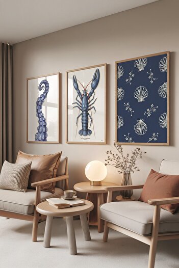 Postifull Wooden Painting Set, 3 Pieces Wooden Framed Poster Sea Shells Model No:300856, Navy Blue Wall Decor