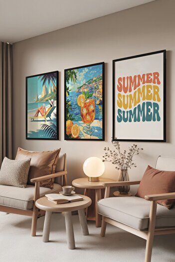 Postifull Black Painting Set, 3 Pieces Black Framed Poster Summer Model No:300854, Multicolor Wall Decor