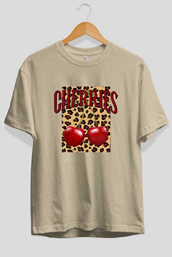 Ankhises Cherry Cherries 6 Μπροστινό εμπριμέ μπλουζάκι Oversize Ανδρικό Γυναικείο Βαμβακερό μπλουζάκι με λαιμόκοψη