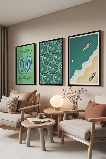 Postifull Black Painting Set, 3 Pieces Black Framed Poster Slow Living Model No:300852, Green Wall Decor