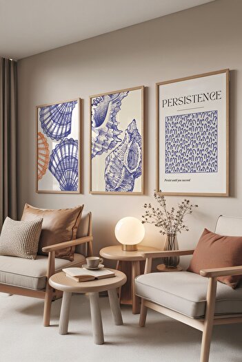 Postifull Ahşap Tablo Seti, 3 Adet Ahşap Çerçeveli Poster Persistance Model No:300826, Mavi Duvar Dekoru