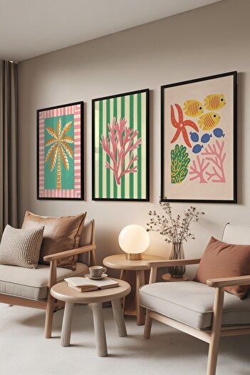 Postifull Siyah Tablo Seti, 3 Adet Siyah Çerçeveli Poster tree valley Model No:300829, Duvar Dekoru