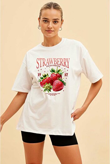 Ankhises Μπλουζάκι με μπροστινό στάμπα Strawberry Oversize Ανδρικό Γυναικείο Βαμβακερό μπλουζάκι με λαιμόκοψη