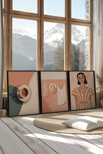 Postifull Black Painting Set, 3 Pieces Black Framed Poster a Coffee? Model No:300888, Pink Wall Decoration