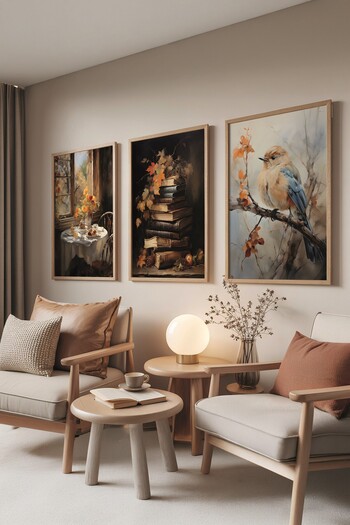 Postifull Wooden Painting Set, 3 Pieces Wooden Framed Poster Autumn Birds Model No:300875, Brown and Orange