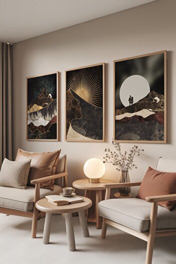 Postifull Wooden Painting Set, 3 Pieces Wooden Framed Poster Moon Love Model No:300885, Brown Wall Decor