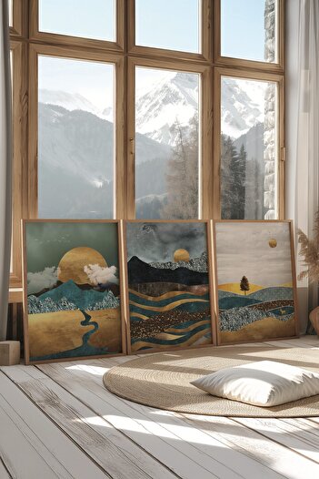 Postifull Wooden Painting Set, 3 Pieces Wooden Framed Poster Sun by the Mountain Model No:300884, Wall Decoration