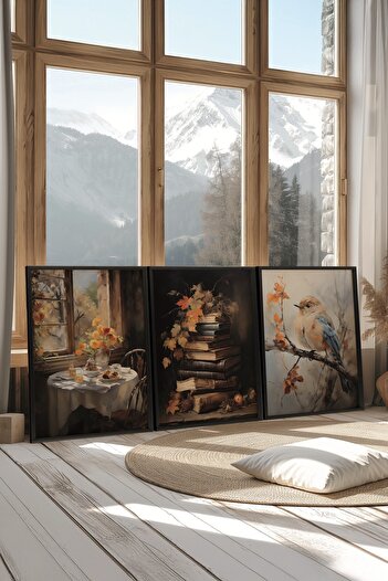 Postifull Black Painting Set, 3 Pieces Black Framed Poster Autumn Birds Model No:300875, Brown and Orange