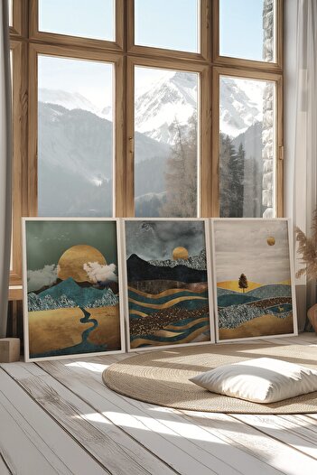 Postifull White Painting Set, 3 Pieces White Framed Poster Sun by the Mountain Model No:300884, Wall Decor