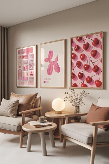 Postifull Wooden Painting Set, 3 Pieces Wooden Framed Poster Preppy Model No:300893, Pink Wall Decor