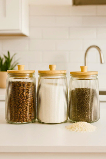 Woodcept Set of 3 Bamboo Vacuum Lid Glass Tea Sugar Coffee Salt Storage Jar, Storage Container 1800 ml