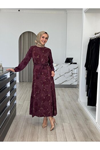 MissWhence Eteği Fermuarlı Cupra Elbise Bordo 36826