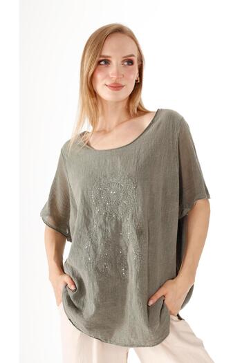shE tekstil Sequined Embroidered Linen Blouse