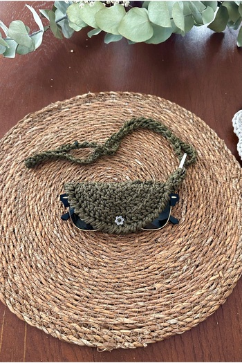 yucin Handmade Multipurpose Knitted Case |   Glasses Case, Keychain, Charm and Neck Strap Bag Khaki