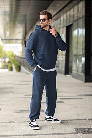 Madmext Σετ ανδρική φόρμα με κουκούλα Navy Blue Kangaroo Pocket E7325